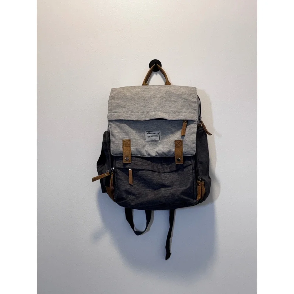 Eddie Bauer First Adventure Diaper Bag Backpack Grey Heather Brown Trim